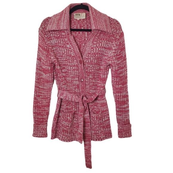 Vintage 1970s Cranberry Marled Knit Belted Cardigan Sweater Jacket with Pockets - Picture 2 of 15